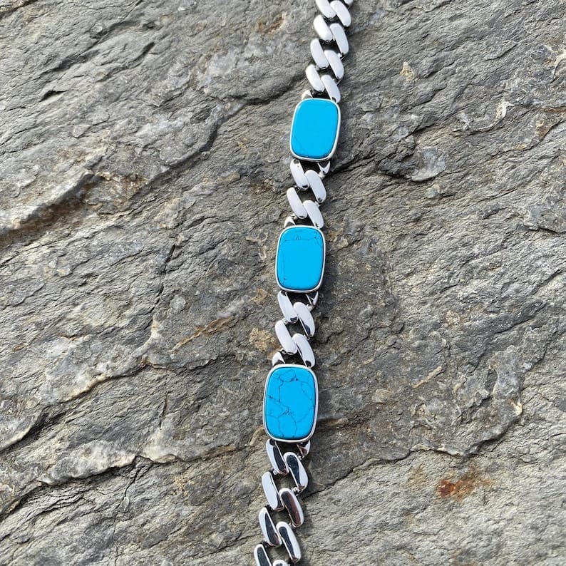 925 Silver Curb Bracelet for Men with Feroza Stone 925 Silver Curb Bracelet for Men with Feroza Stone zamzaria 