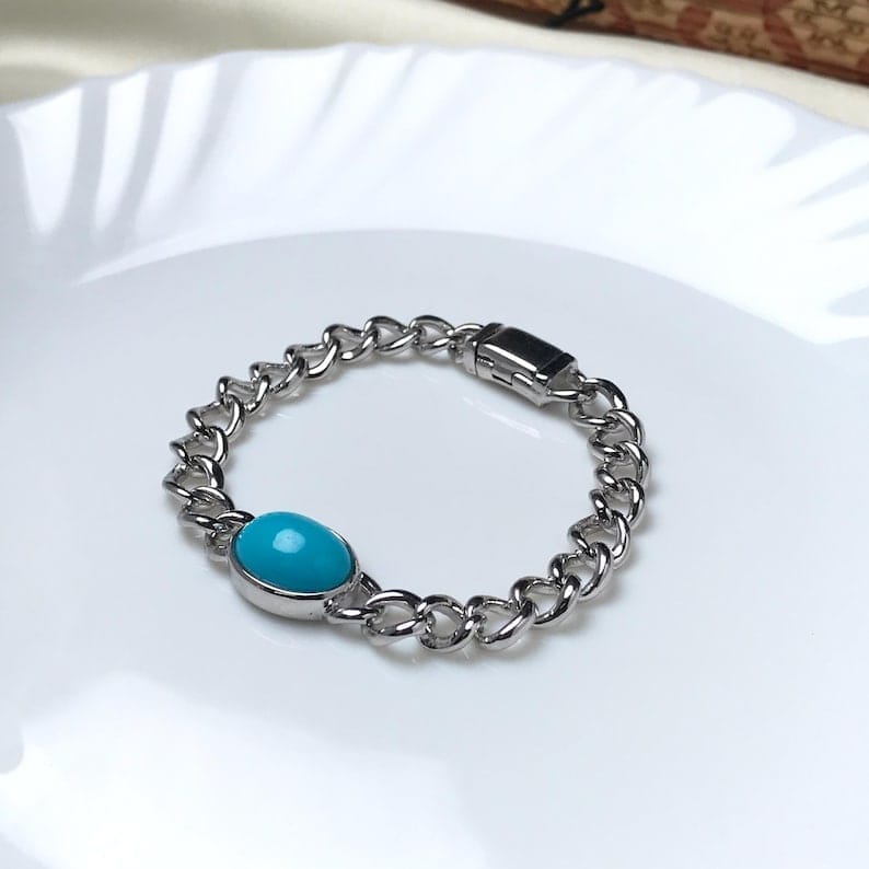 925 Silver Curb Bracelet for Men with Feroza Stone 925 Silver Curb Bracelet for Men with Feroza Stone zamzaria 